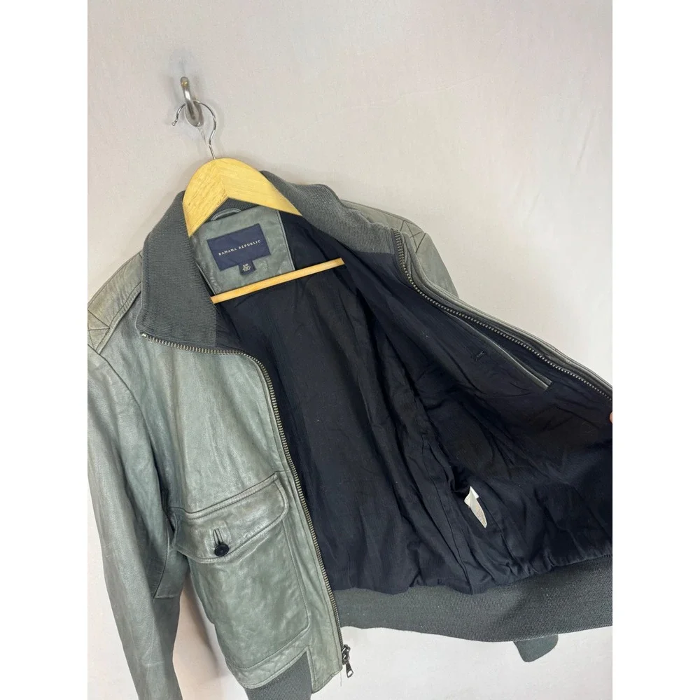 VIntage Banana‎ Republic Mens Leather Bomber Jacket Sage Green Grey S Full Zip